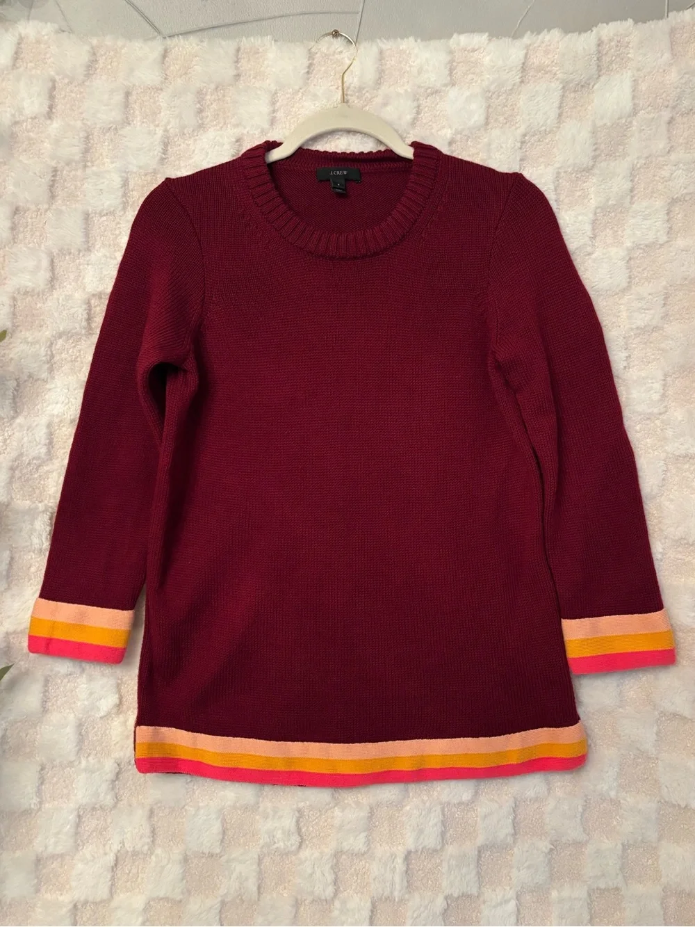 J. Crew Burgundy Crewneck Sweater with Multi-Stripe Trim